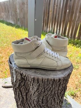 PRADA HIGH-TOP SNEAKERS SHOES WHITE LEATHER RED STRIPE Sz 38 / US 8 women